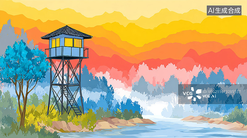 【AI数字艺术】山水间的瞭望塔图片素材