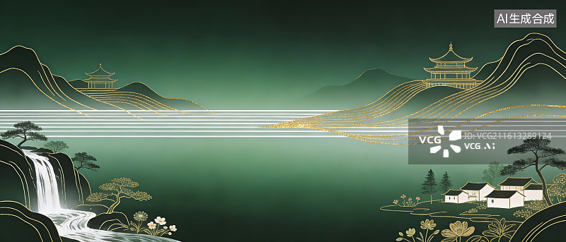 【AI数字艺术】山水楼阁意境图图片素材