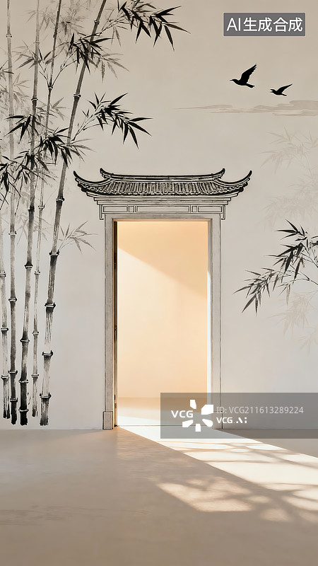 【AI数字艺术】竹影门廊光影意境图片素材