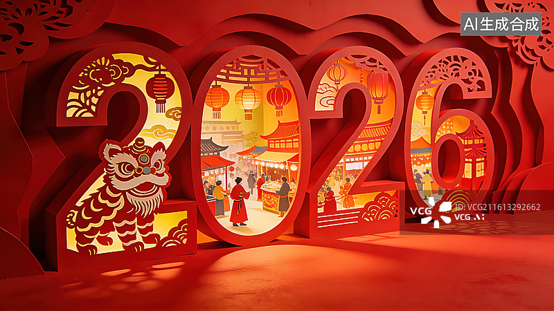 【AI数字艺术】2026 马年剪纸风新春场景装饰素材图片素材