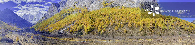 稻城亚丁：十六尊者，十六座山，彩林，蓝天，白云图片素材