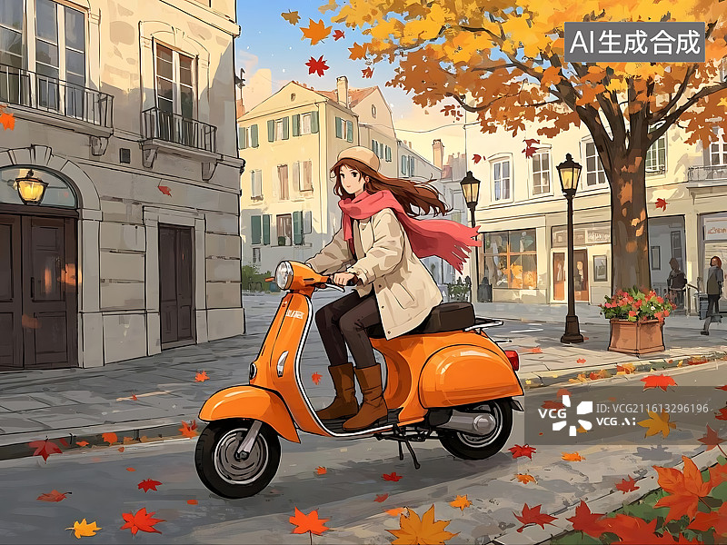 【AI数字艺术】秋日街景少女骑橙色踏板车图片素材