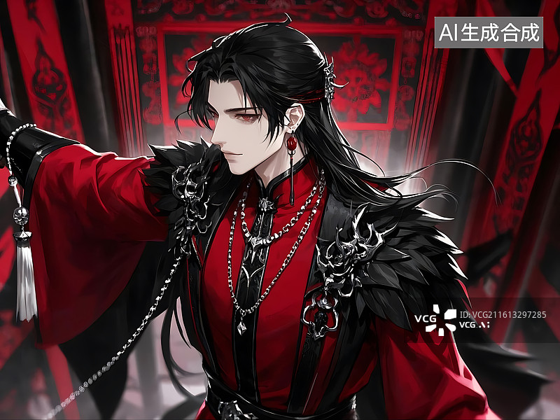 【AI数字艺术】红衣黑发古风男子插画图片素材
