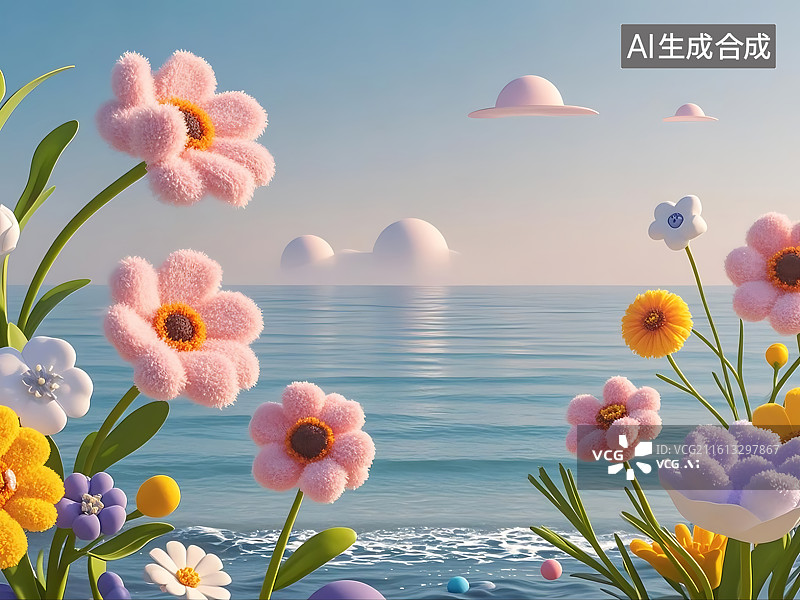 【AI数字艺术】海边花丛与梦幻云朵图片素材