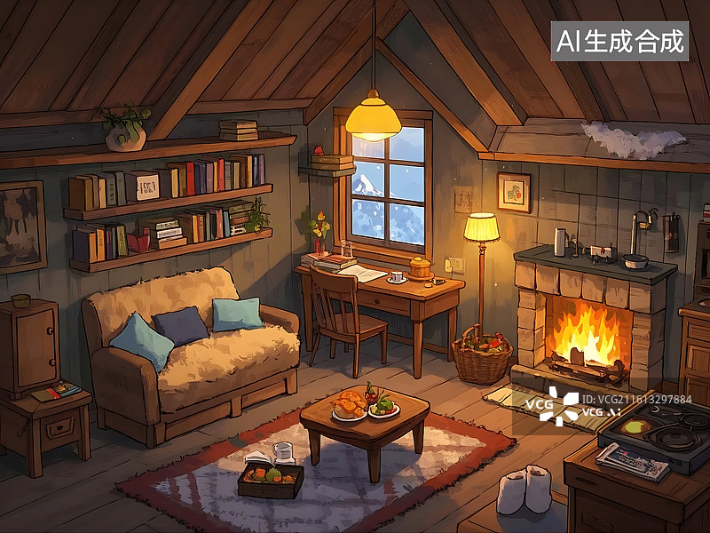 【AI数字艺术】温馨阁楼客厅暖炉夜景图片素材