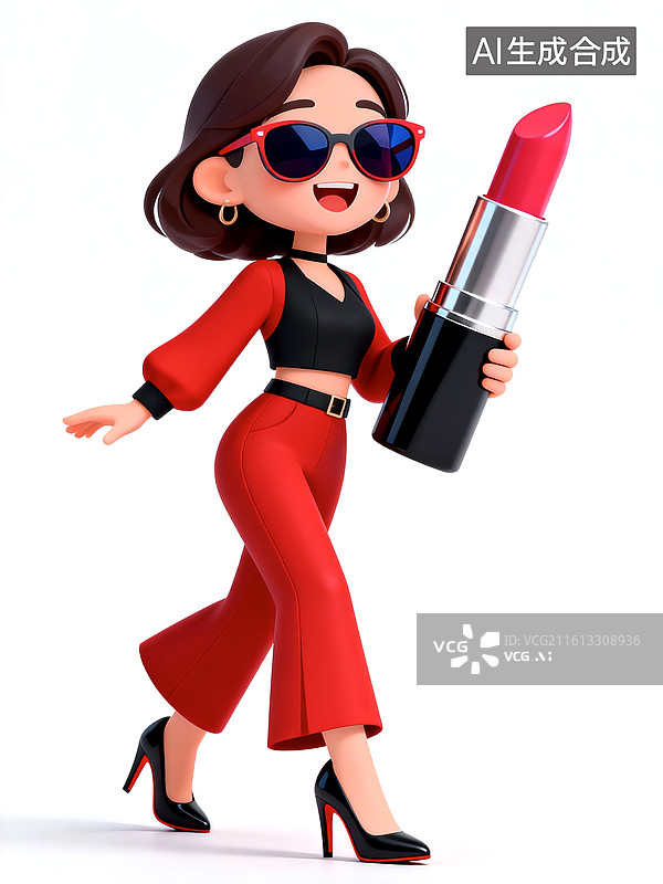 【AI数字艺术】3D三维立体C4D时尚女性拿唇膏化妆卡通形象插画图片素材