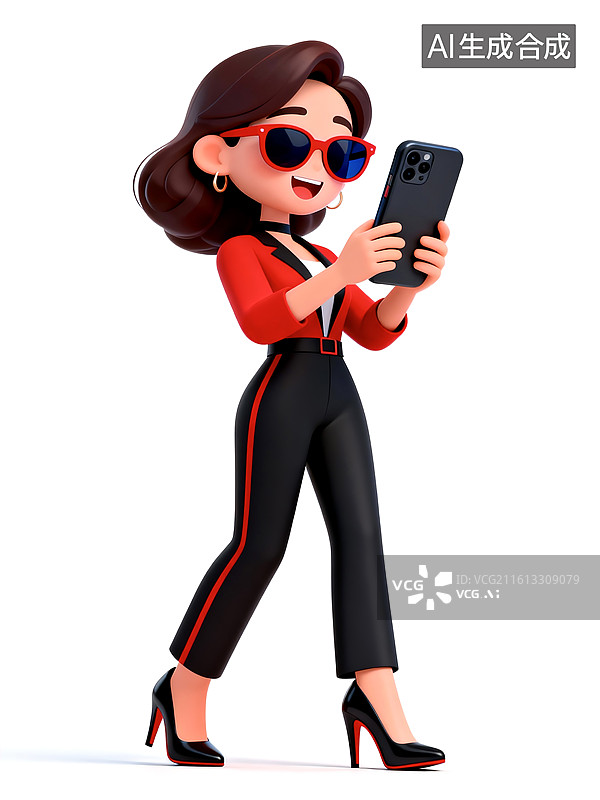 【AI数字艺术】3D三维立体C4D时尚女性拿手机卡通形象插画图片素材