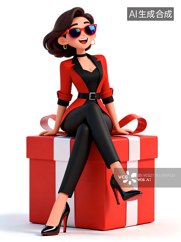【AI数字艺术】3D三维立体C4D时尚女性坐礼物盒卡通形象插画图片素材