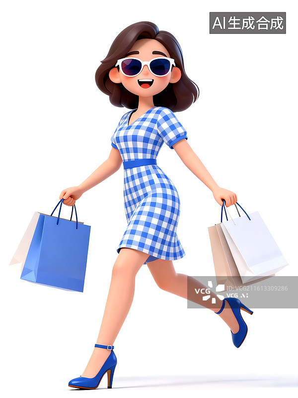 【AI数字艺术】3D三维立体C4D时尚女人提着购物袋卡通形象插画图片素材