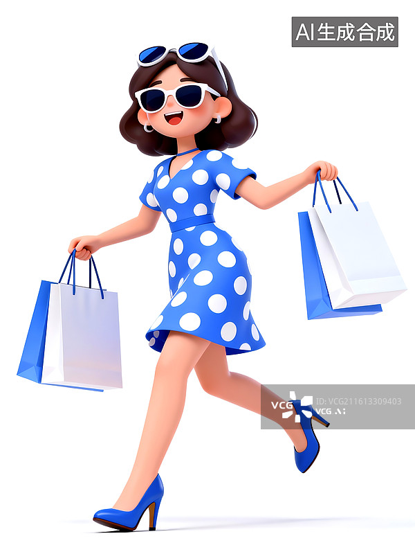 【AI数字艺术】3D三维立体C4D时尚女人提着购物袋卡通形象插画图片素材