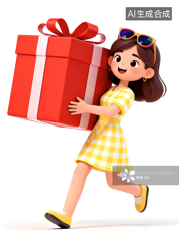 【AI数字艺术】3D三维立体C4D时尚女人搬着巨大礼物盒卡通形象插画图片素材
