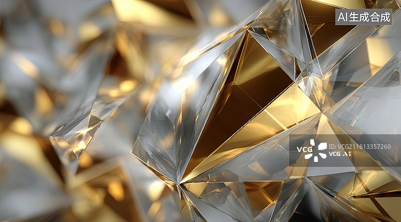 【AI数字艺术】闪耀的金色与透明晶体构成的抽象几何背景图片素材