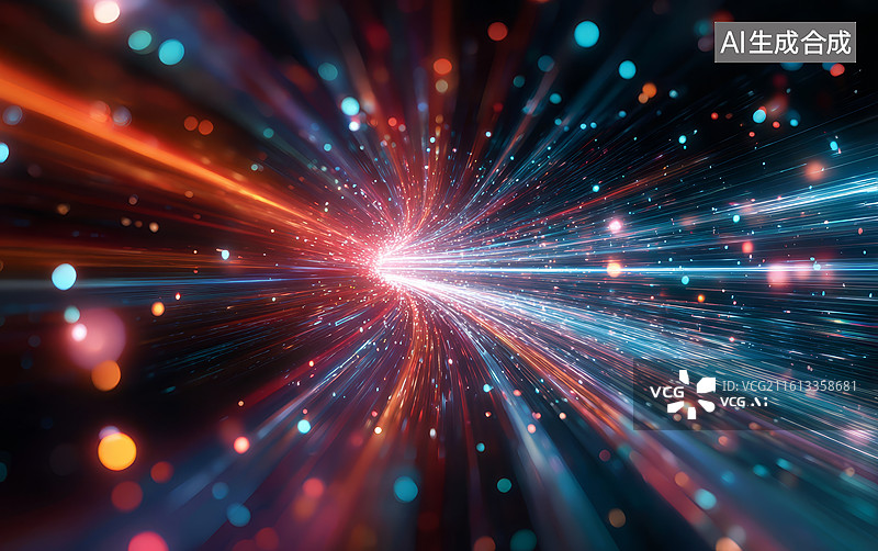 【AI数字艺术】色彩斑斓的光束从中心点向外辐射形成抽象隧道效果图片素材