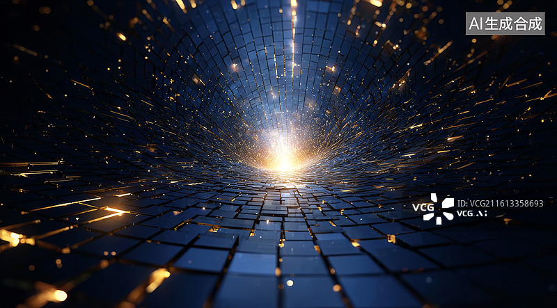 【AI数字艺术】科技感隧道中闪烁的光点与砖块地面图片素材