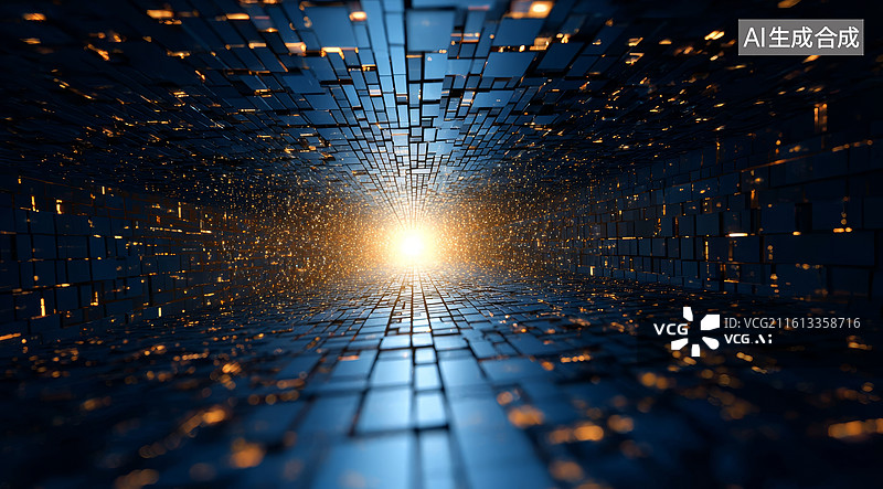 【AI数字艺术】科技感隧道尽头光芒四射图片素材