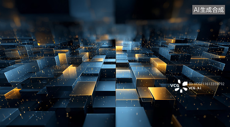 【AI数字艺术】深邃空间中交错排列的发光立方体构成的抽象几何景观图片素材
