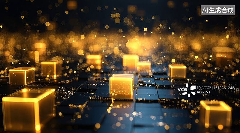 【AI数字艺术】金色立方体在深蓝背景中闪烁的科技抽象场景图片素材