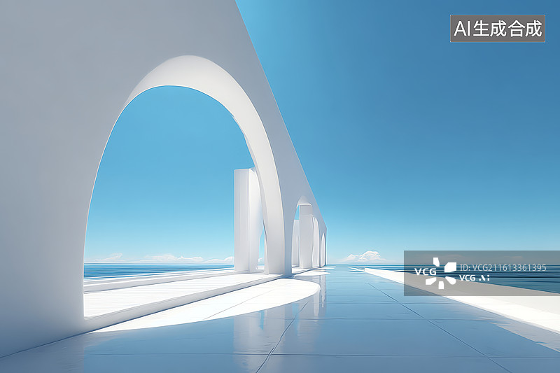 【AI数字艺术】白色拱廊通向蔚蓝大海的现代建筑景观图片素材