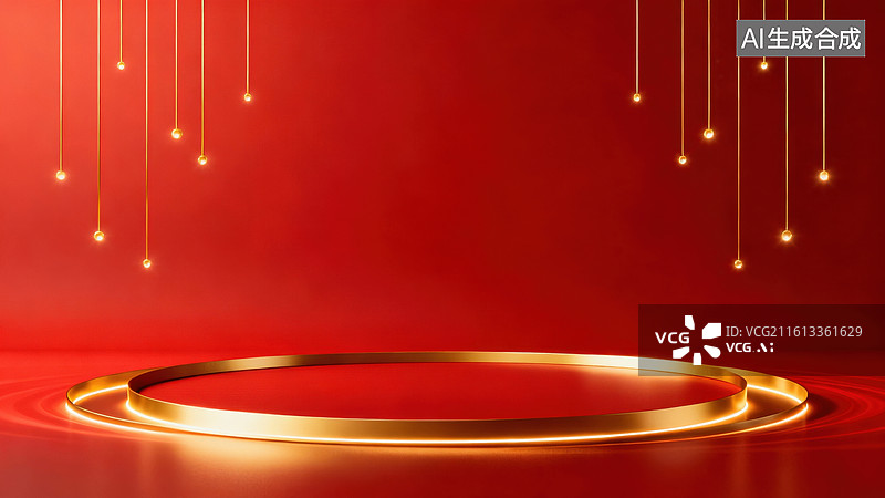 【AI数字艺术】红色背景金色光环舞台图片素材