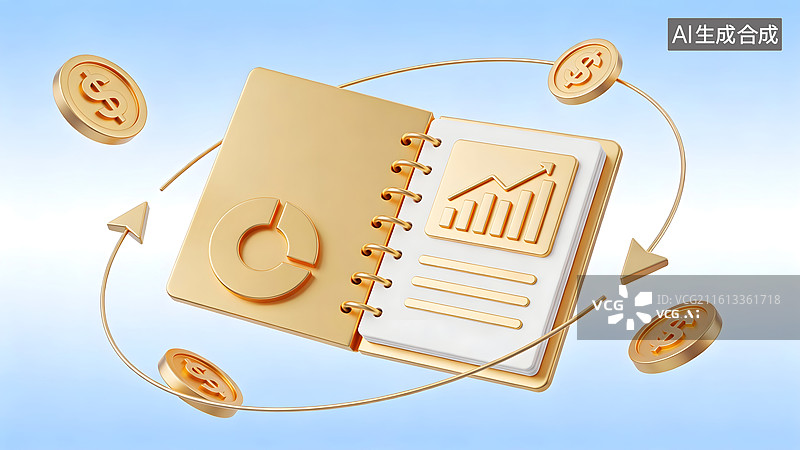 【AI数字艺术】金色账本与金币环绕的金融图表图片素材