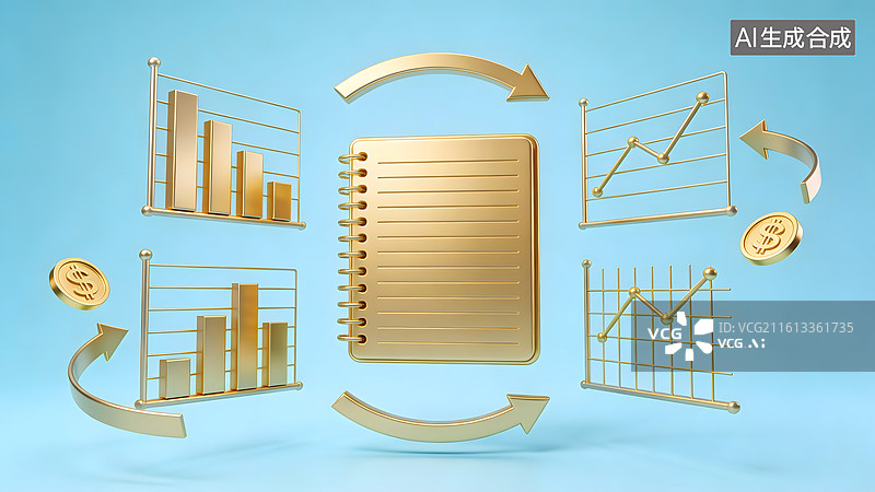 【AI数字艺术】金色图表与笔记本金融分析图图片素材