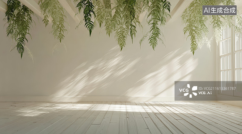 【AI数字艺术】室内悬挂绿植光影交错的简约空间图片素材
