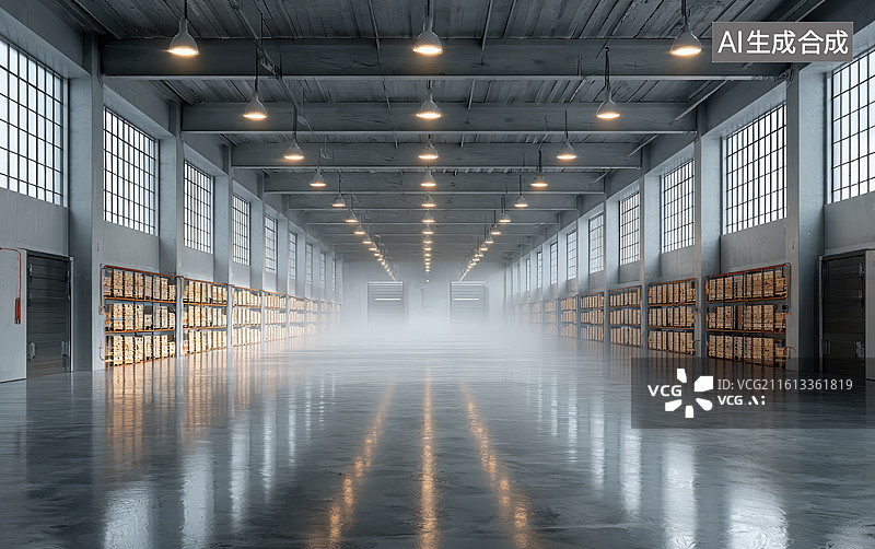 【AI数字艺术】宽敞仓库内部高大货架排列整齐灯光照明图片素材