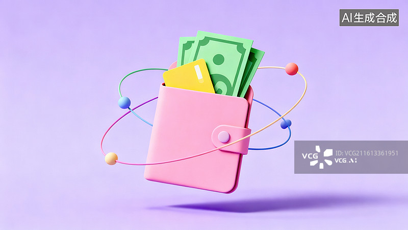【AI数字艺术】粉色钱包装着钞票和彩色线条图片素材