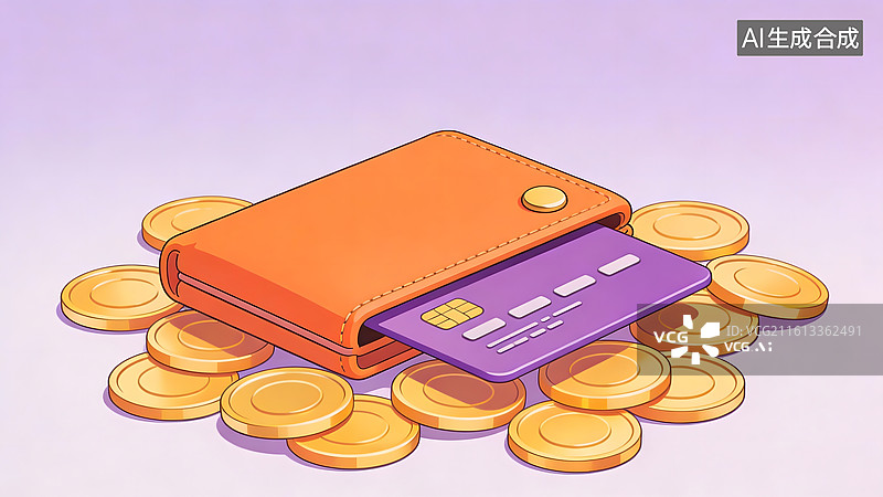 【AI数字艺术】钱包卡币金堆叠卡通插画图片素材