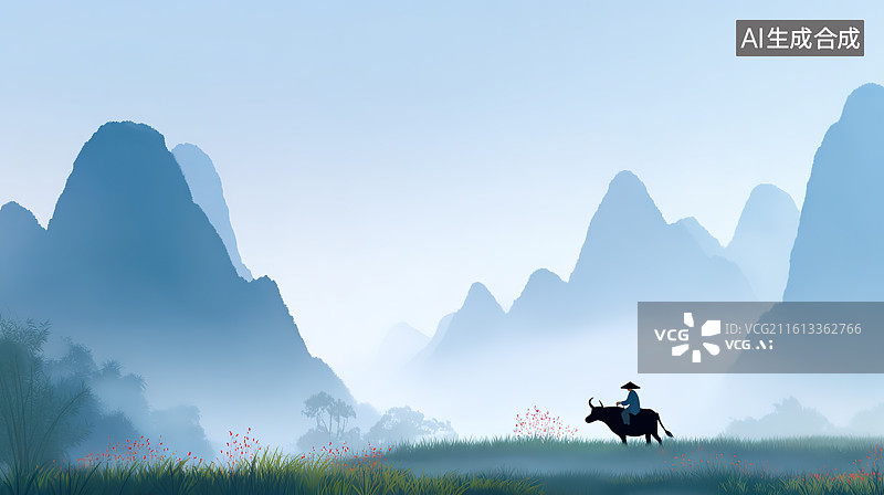 【AI数字艺术】山水田园间的放牛娃国风风景画图片素材