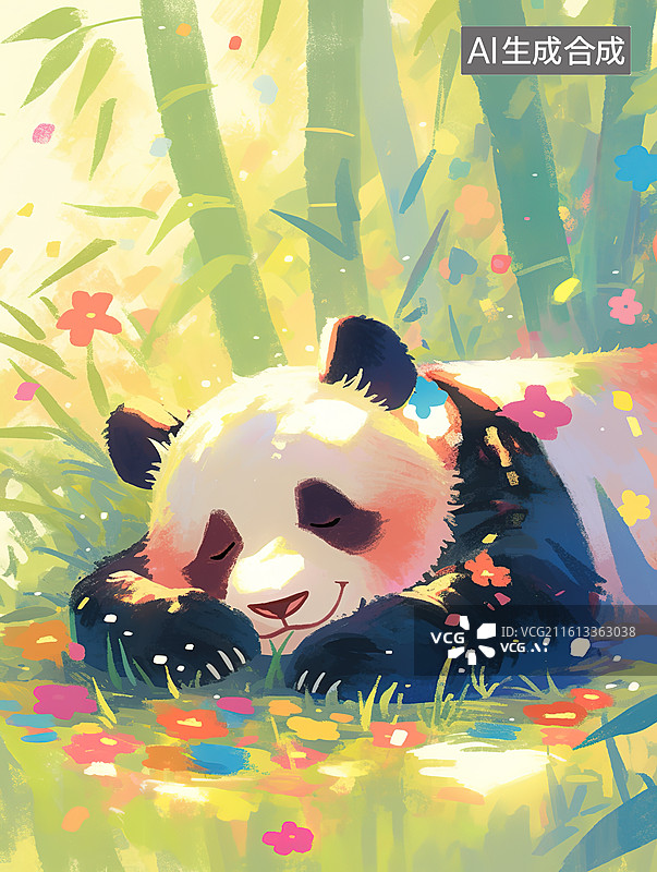 【AI数字艺术】水彩风格森林里睡觉的可爱熊猫图片素材