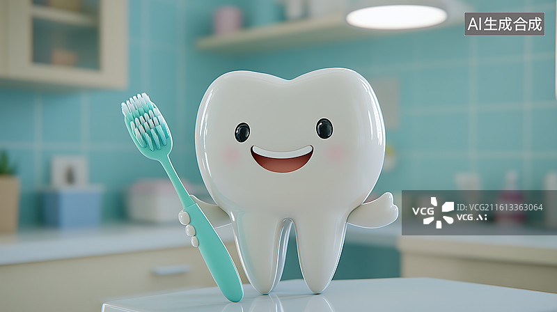 【AI数字艺术】3D可爱的牙齿模型拿着牙刷——口腔护理概念图片素材