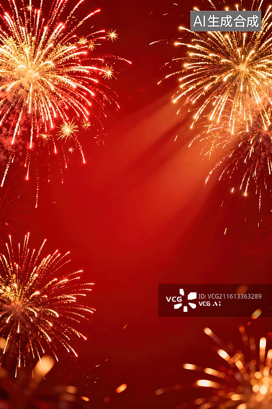 【AI数字艺术】红色背景上的金色烟花绽放图片素材
