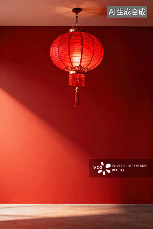 【AI数字艺术】红色灯笼悬挂在深红墙前图片素材