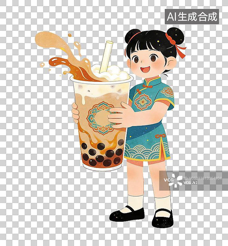 【AI数字艺术】喝奶茶的女生插画图片素材