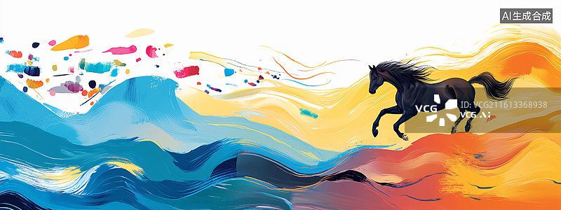 【AI数字艺术】炫彩波纹线流体上奔跑的黑马图片素材