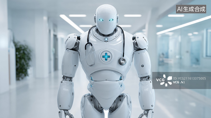 【AI数字艺术】佩戴听诊器且胸前带有蓝色医疗十字标志的医生机器人半身像图片素材