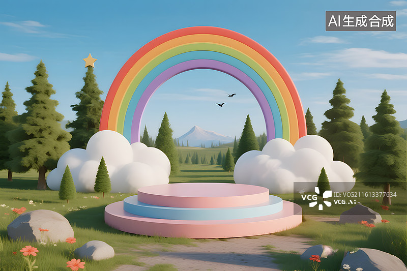 【AI数字艺术】彩虹舞台与梦幻云朵图片素材