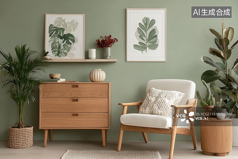 【AI数字艺术】现代简约风格客厅布置包含木质家具和绿植装饰图片素材