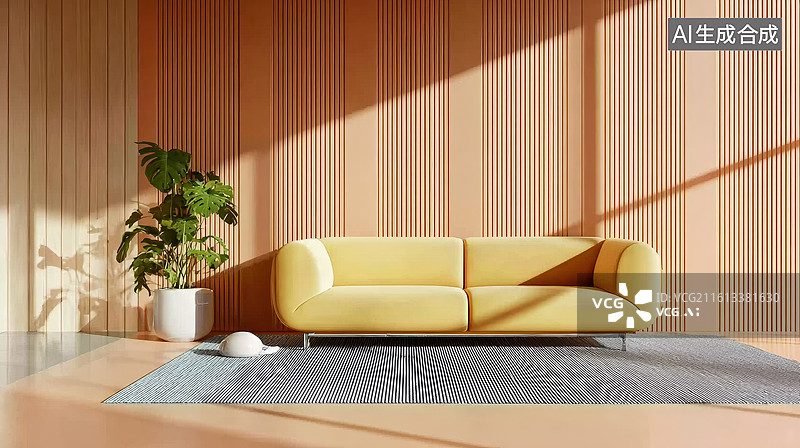 【AI数字艺术】现代简约风格客厅黄色沙发与绿植装饰图片素材