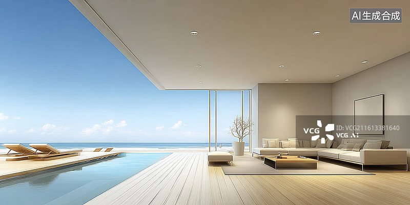 【AI数字艺术】现代室内设计带无边泳池和海景视野图片素材