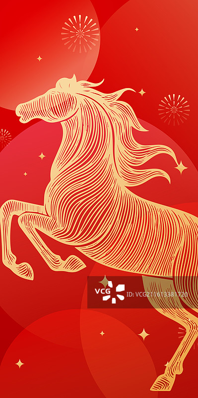 2026马年春节新年金色马线稿矢量插画图片素材