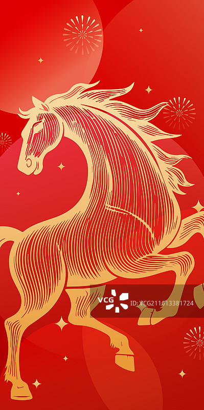 2026马年春节新年金色马线稿矢量插画图片素材
