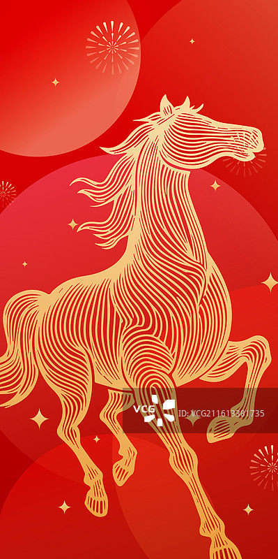 2026马年春节新年金色马线稿矢量插画图片素材