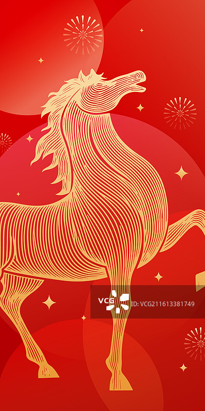 2026马年春节新年金色马线稿矢量插画图片素材