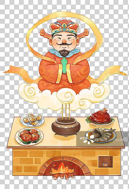 手绘水彩灶台贡品和灶王爷免抠元素图片素材