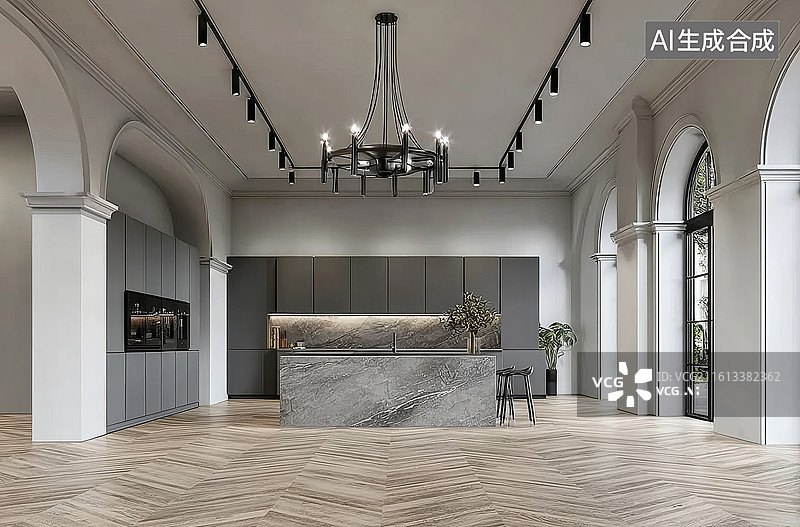 【AI数字艺术】现代简约风格室内设计展示优雅吧台与拱形结构图片素材