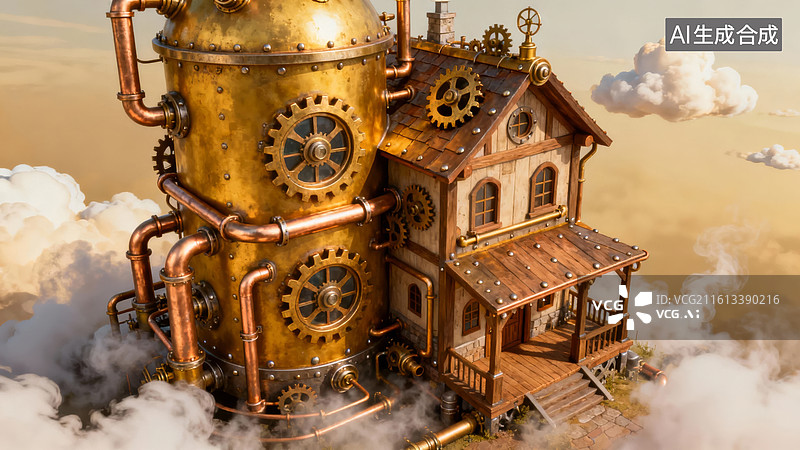 【AI数字艺术】蒸汽朋克风格空中房屋图片素材