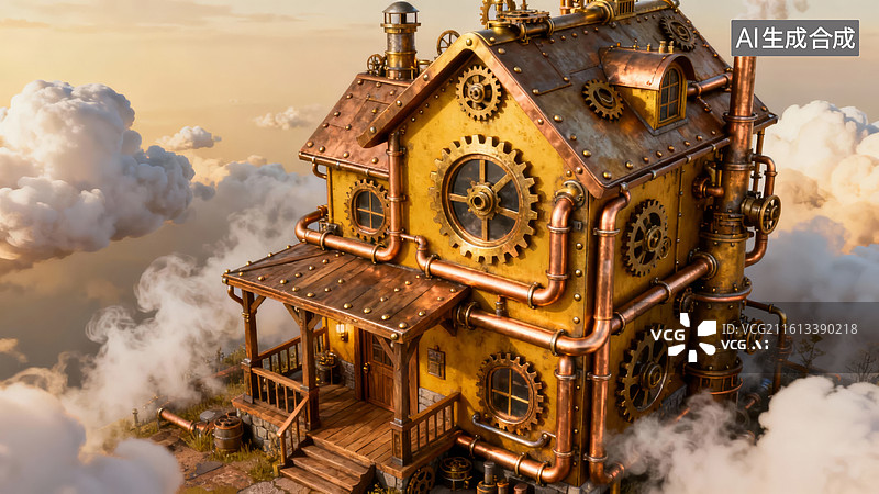 【AI数字艺术】蒸汽朋克风格房屋悬浮于云层图片素材
