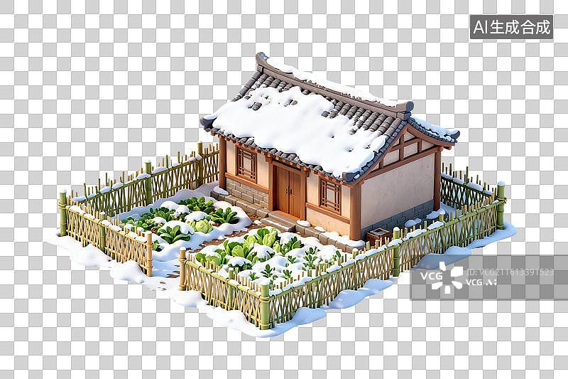 【AI数字艺术】卡通风格，被积雪覆盖的房屋与菜地PNG格式的免扣元素图片素材